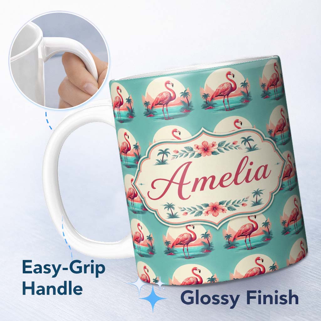 Personalized Custom Name Flamingo Island Sunset Scene Seamless Pattern Cute Unique Gift 11oz Ceramic Coffee Tea Mug White Large Handle