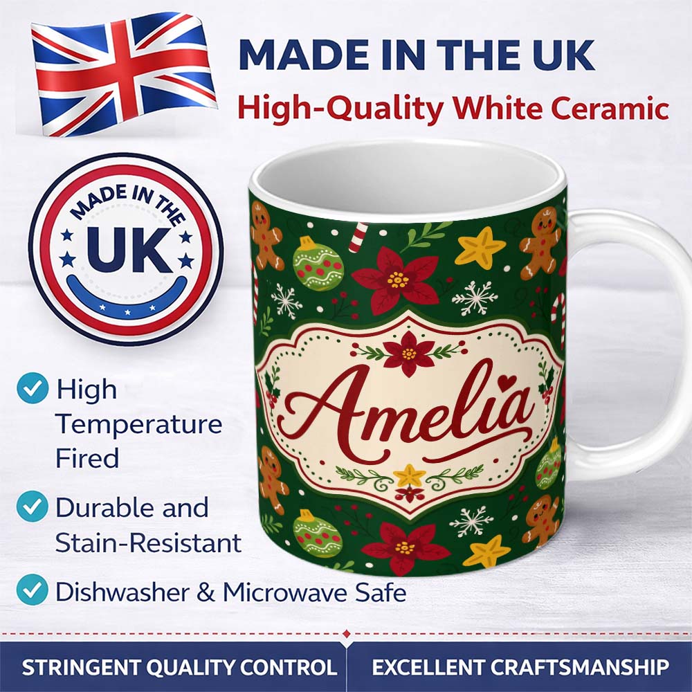 Personalized Custom Name Cute Gingerbread Candy Cane Bauble Flower Seamless Pattern Xmas 11oz Ceramic Coffee Tea Mug White Large Handle