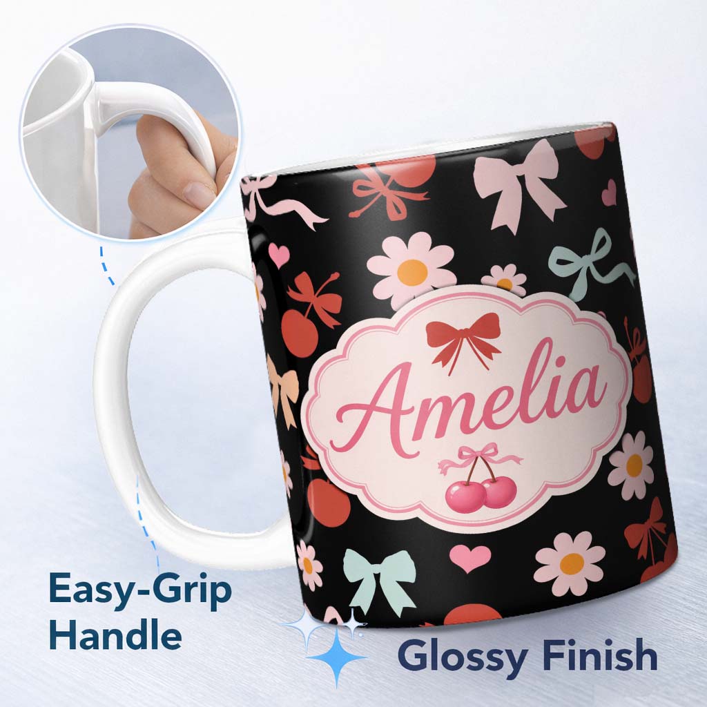Personalized Custom Name Cute Cherry Bow Daisy Heart Seamless Pattern on Black Background 11oz Ceramic Coffee Tea Mug White Large Handle