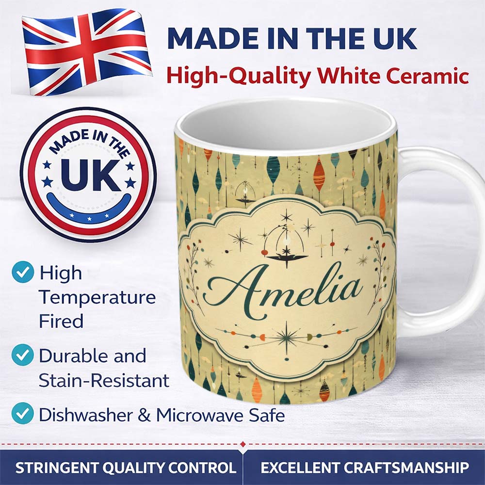 Personalized Custom Name Hanging Ornaments Mid Century Seamless Pattern Cute Unique Gift 11oz Ceramic Coffee Tea Mug White Large Handle