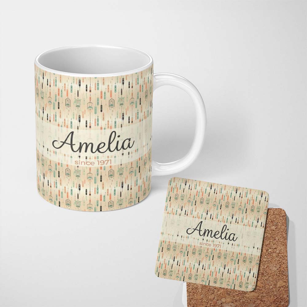 Personalized Custom Name Boho Hanging Feathers and Birdcages Neutral Background Seamless 11oz Ceramic Coffee Tea Mug White Large Handle