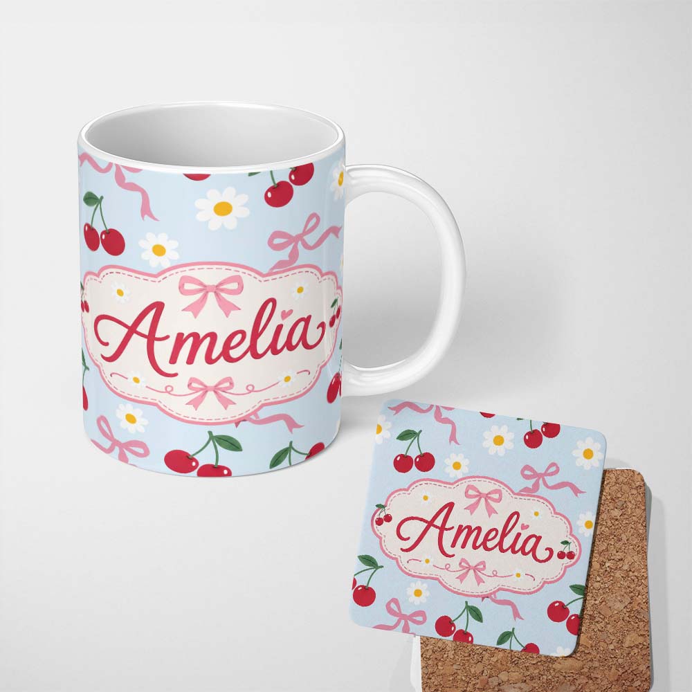 Personalized Custom Name Cute Cherry and Daisy Flowers with Pink Ribbon Bows Soft Blue Lovely 11oz Ceramic Coffee Tea Mug White Large Handle