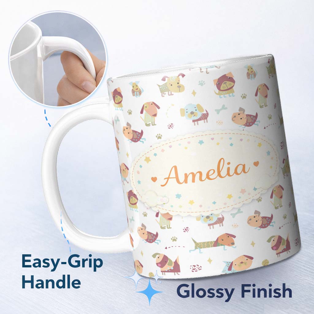 Personalized Custom Name Cute Cartoon Dogs Playful Pet Seamless Pattern Perfect Gift for Her 11oz Ceramic Coffee Tea Mug White Large Handle