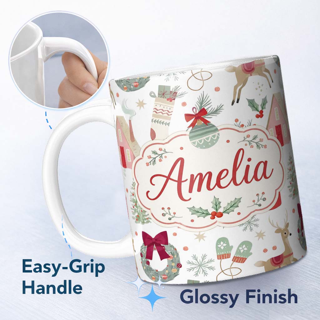 Personalized Custom Name Cozy Christmas Gifts Mug Stocking Holiday Seamless Pattern Lovely 11oz Ceramic Coffee Tea Mug White Large Handle