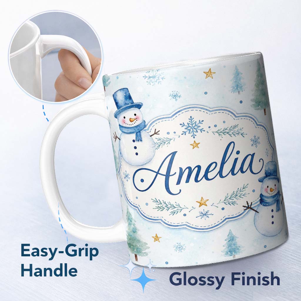Personalized Custom Name Cute Snowman Winter Trees Snowflakes Seamless Pattern Lovely 11oz Ceramic Coffee Tea Mug White Large Handle