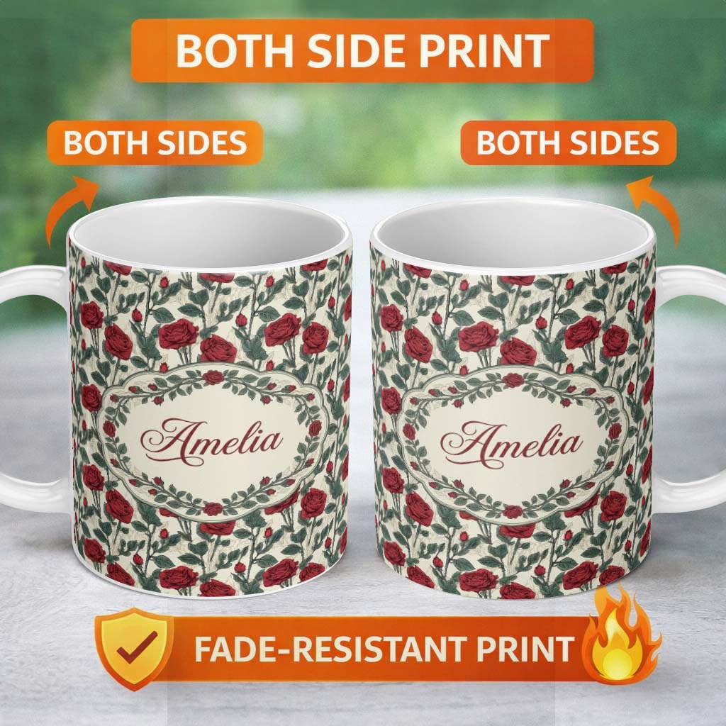 Personalized Custom Name Natural Red Rose and Green Leaf Seamless Botanical Pattern Lovely 11oz Ceramic Coffee Tea Mug White Large Handle