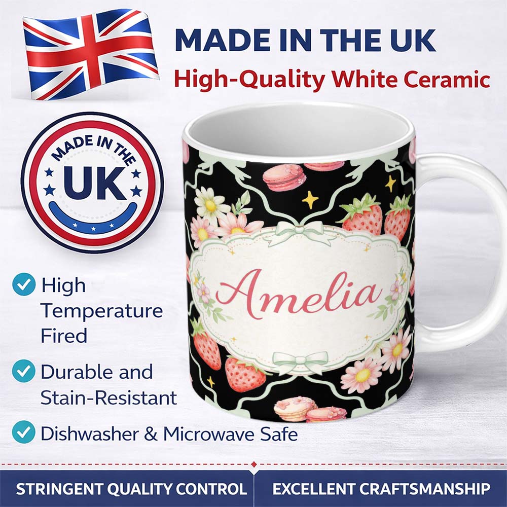 Personalized Custom Name Strawberry Cherry Daisy White Pastel Outline Cute Coquette Floral 11oz Ceramic Coffee Tea Mug White Large Handle