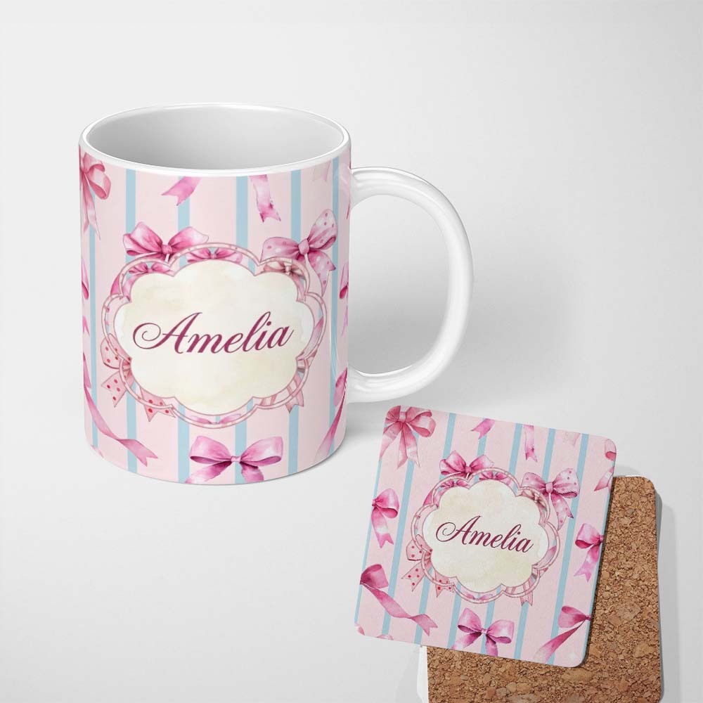 Personalized Custom Name Watercolor Pink Ribbon Bow Seamless Pattern with Blue Stripes Lovely 11oz Ceramic Coffee Tea Mug White Large Handle