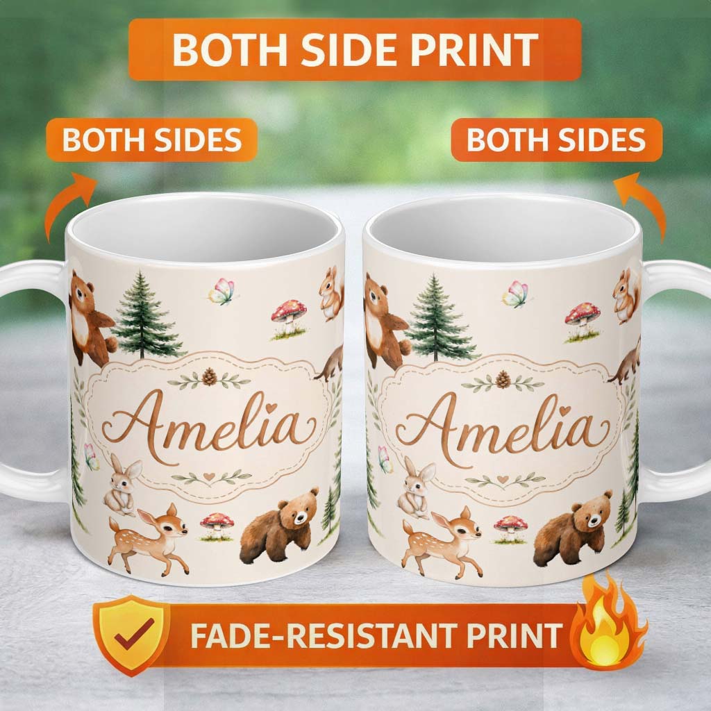 Personalized Custom Name Bear Bunny Squirrel Trees Mushrooms Butterfly Soft White Seamless 11oz Ceramic Coffee Tea Mug White Large Handle