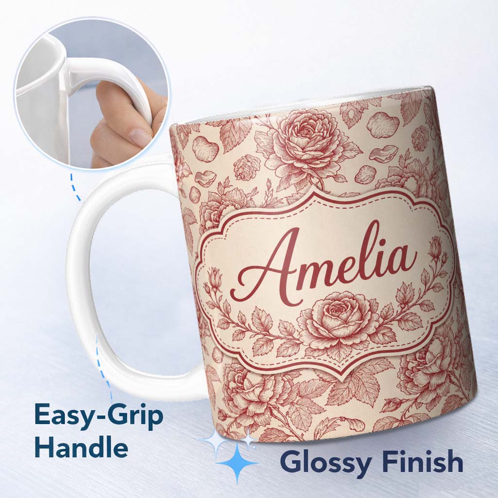 Personalized Custom Name Vintage Red Rose Floral Sketch Seamless Pattern Design Elegant 11oz Ceramic Coffee Tea Mug White Large Handle