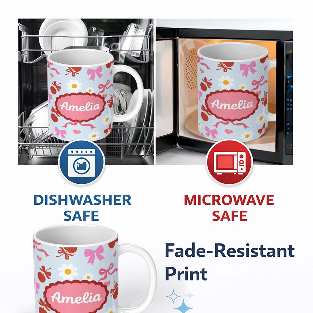 Personalized Custom Name Cute Cherry and Bow Motif with Daisy Flowers Pattern Playful Girly 11oz Ceramic Coffee Tea Mug White Large Handle