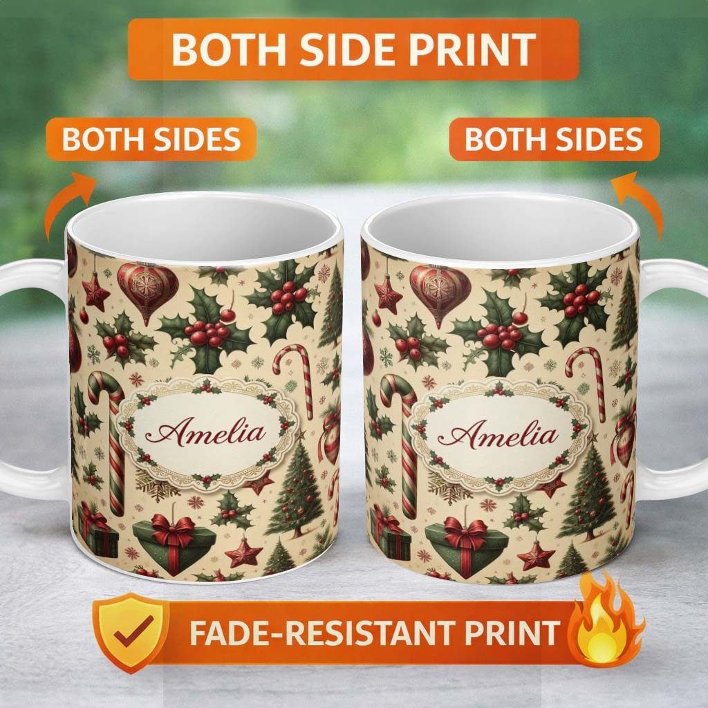 Personalized Custom Name Vintage Christmas Ornaments Candy Canes Holly Berries and Festive 11oz Ceramic Coffee Tea Mug White Large Handle