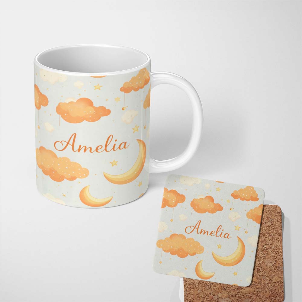 Personalized Custom Name Orange Clouds Moon Stars Seamless Pattern Cute Unique Gift Lovely 11oz Ceramic Coffee Tea Mug White Large Handle