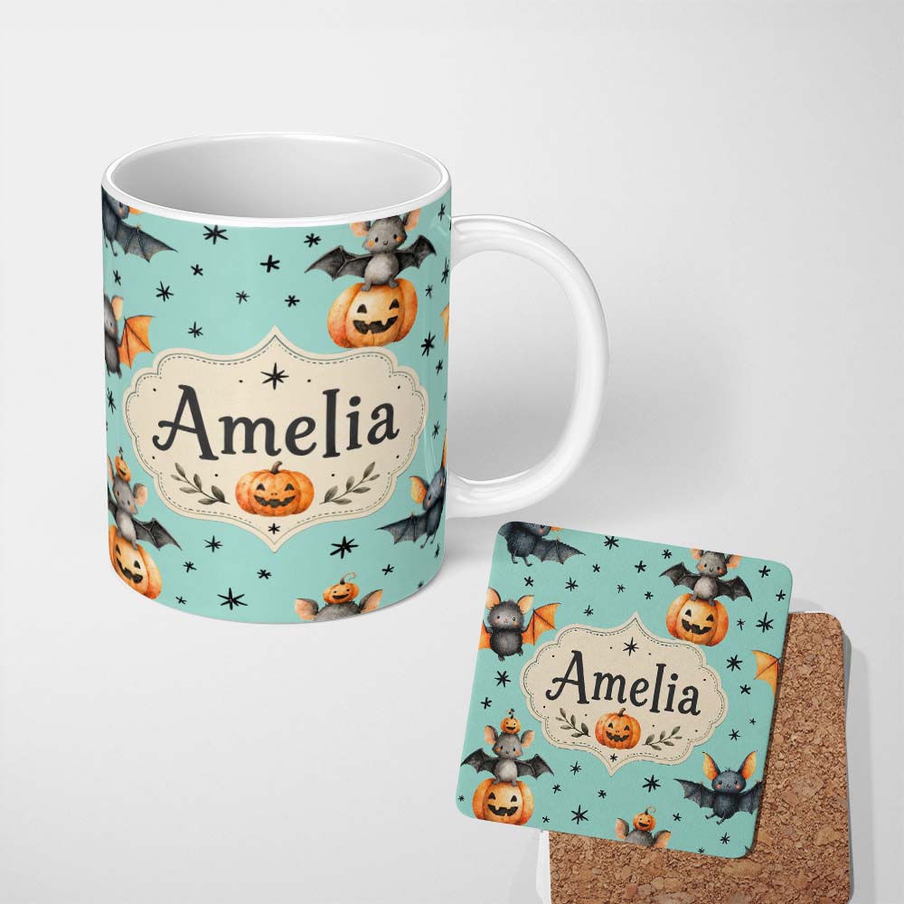 Personalized Custom Name Cute Halloween Bats Sitting on Pumpkins with Stars Teal Background 11oz Ceramic Coffee Tea Mug White Large Handle