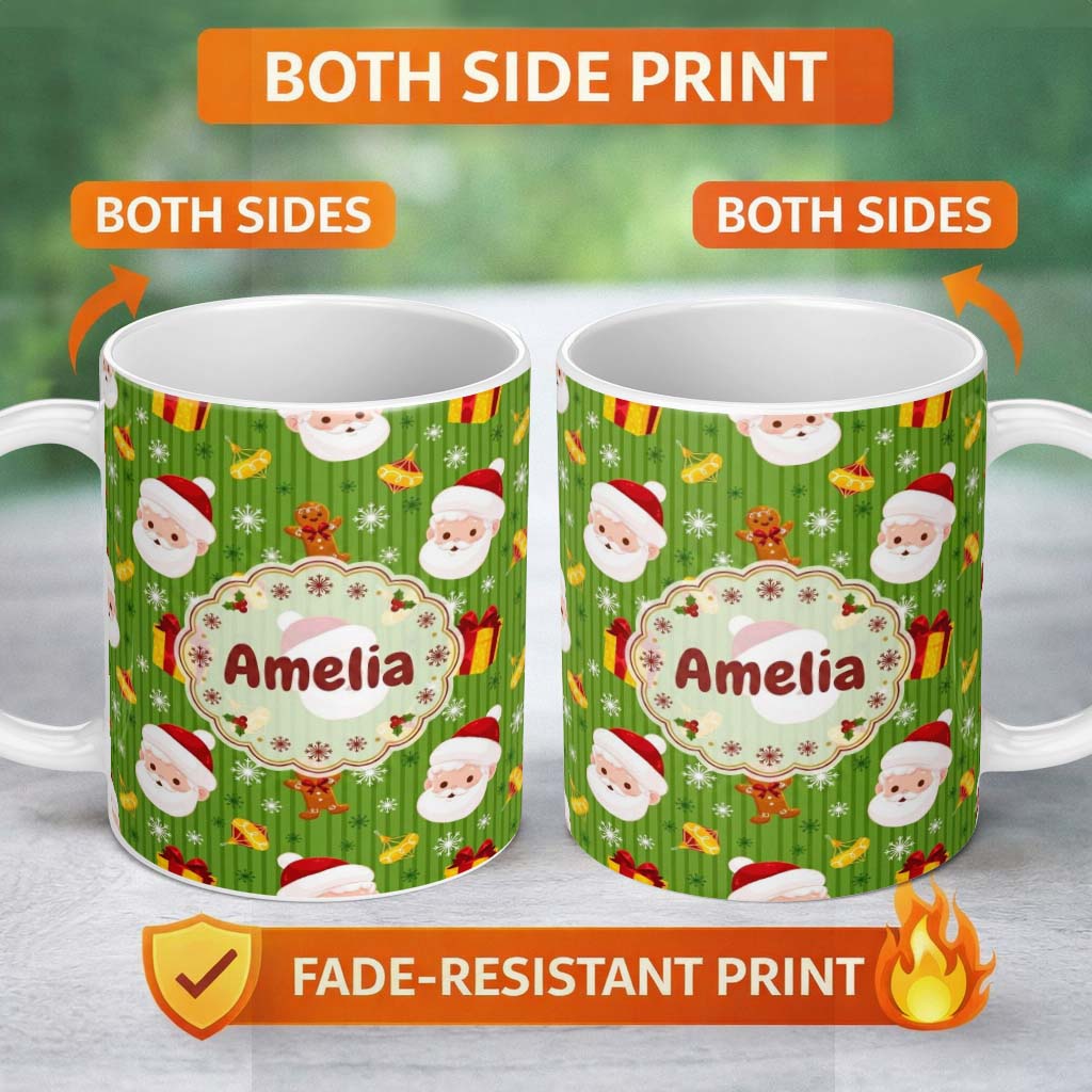 Personalized Custom Name Cute Santa Claus Gingerbread Gift Snowflake Festive Seamless Pattern 11oz Ceramic Coffee Tea Mug White Large Handle