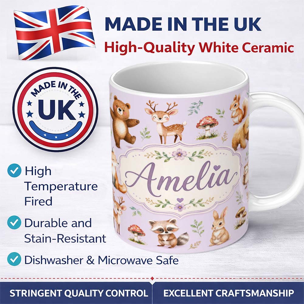 Personalized Custom Name Forest Animals Deer Bear Fox Owl Raccoon on Soft Lavender Seamless 11oz Ceramic Coffee Tea Mug White Large Handle
