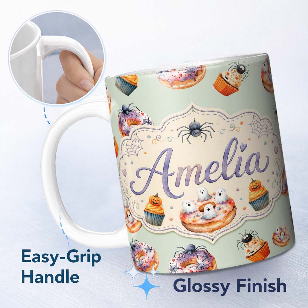 Personalized Custom Name Halloween Donuts Cupcakes Spiders and Ghosts Cute Sage Green Lovely 11oz Ceramic Coffee Tea Mug White Large Handle