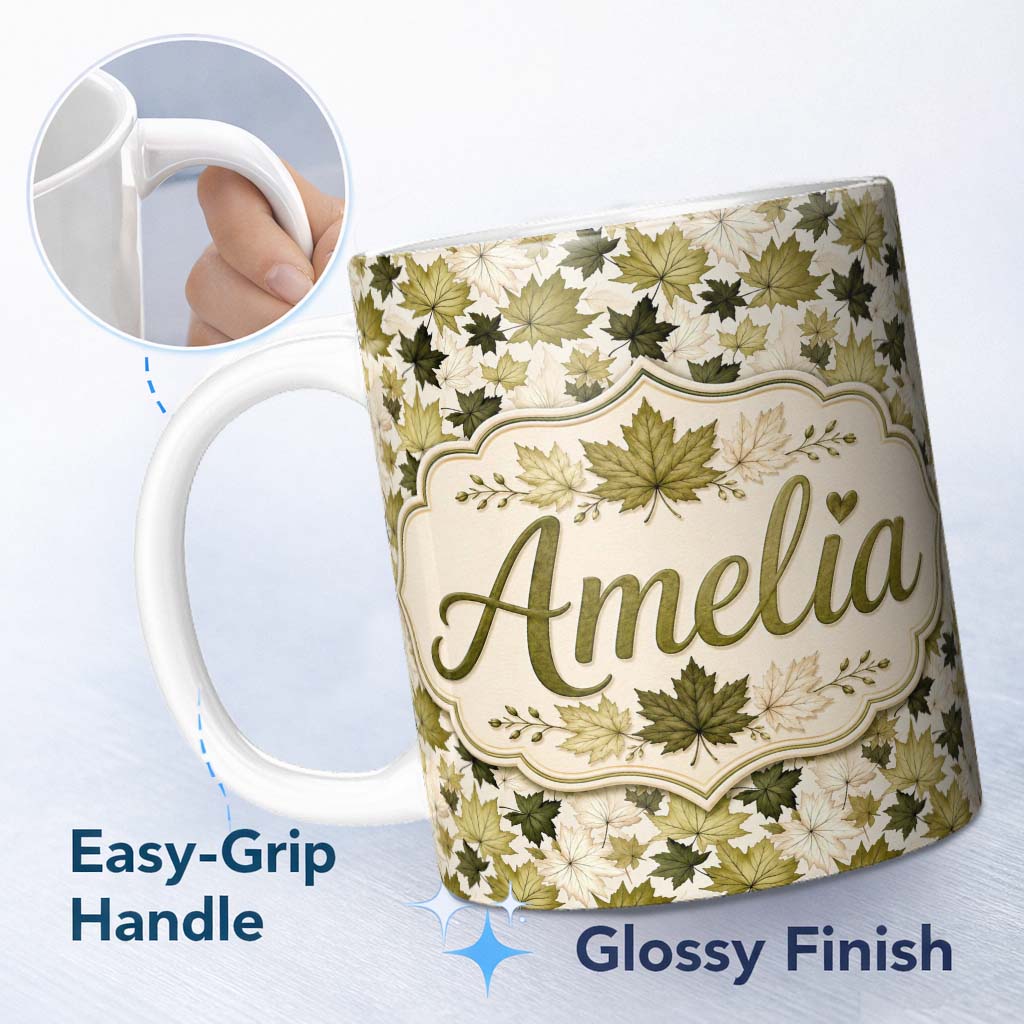 Personalized Custom Name Green and Cream Maple Leaf Pattern with Natural Foliage Style Lovely 11oz Ceramic Coffee Tea Mug White Large Handle