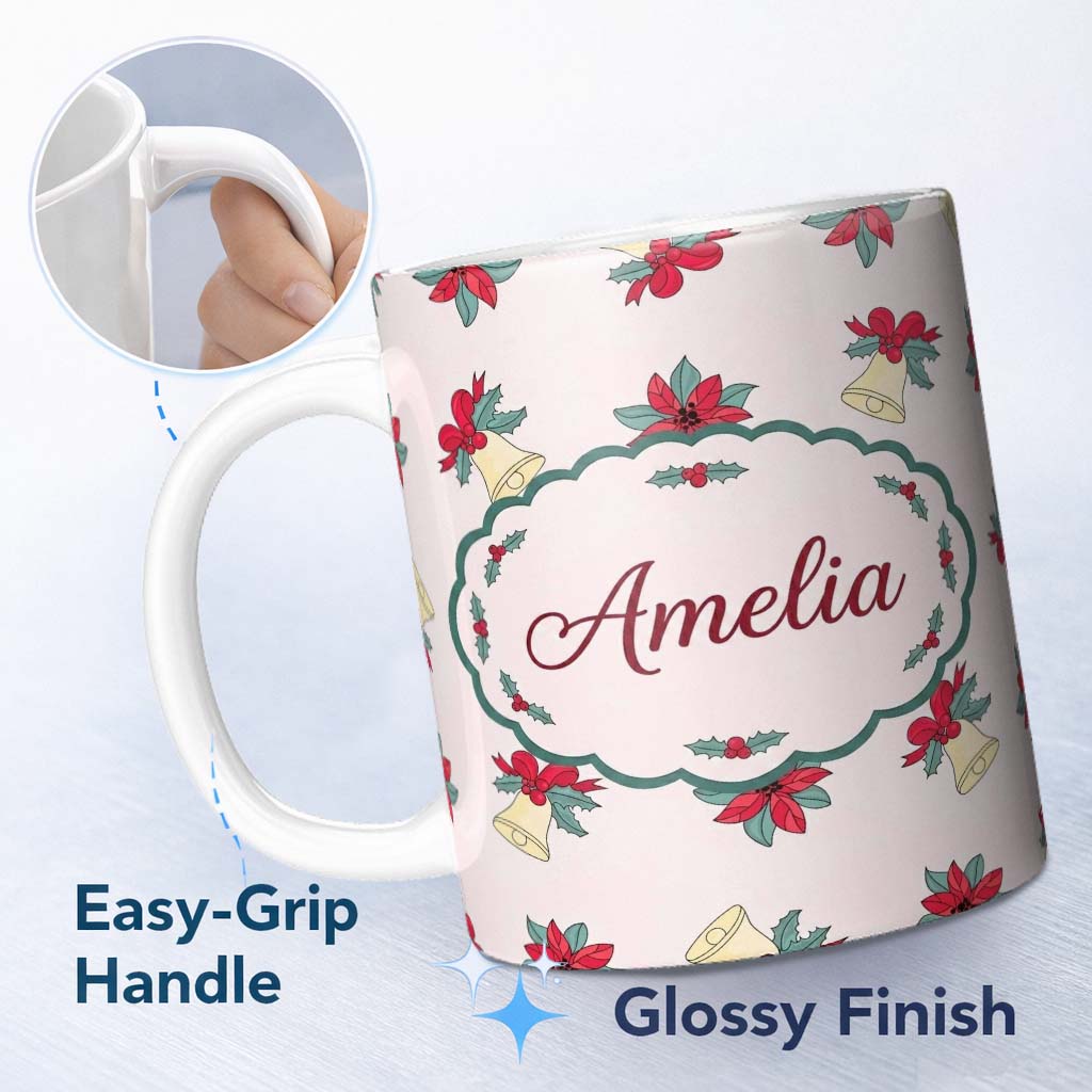 Personalized Custom Name Poinsettia Flower Christmas Bell Holly Seamless Pattern Lovely 11oz Ceramic Coffee Tea Mug White Large Handle