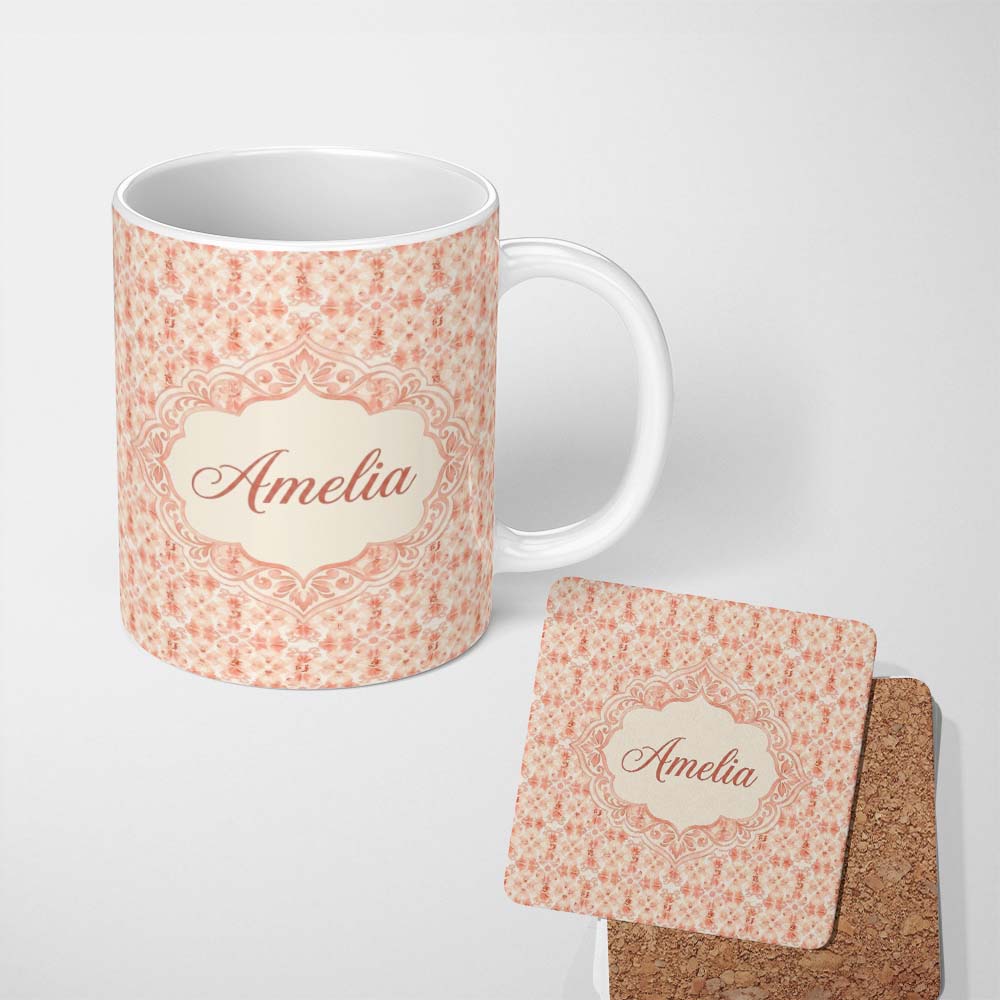 Personalized Custom Name Soft Coral Decorative Damask Floral Seamless Pattern Lovely 11oz Ceramic Coffee Tea Mug White Large Handle