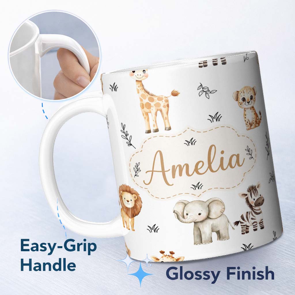 Personalized Custom Name Safari Animals with Elephant Lion and Leopard on Light Grey Lovely 11oz Ceramic Coffee Tea Mug White Large Handle