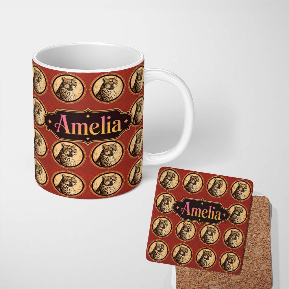 Personalized Custom Name Vintage Cheetah Portrait Circular Frame Red Ornamental Seamless 11oz Ceramic Coffee Tea Mug White Large Handle