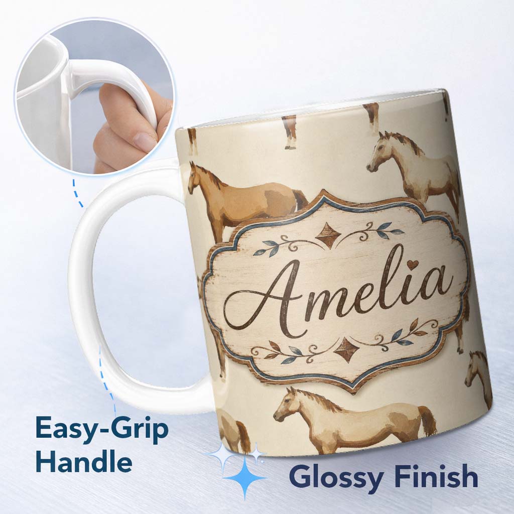 Personalized Custom Name Rustic Brown Horse Farm Animal Seamless Pattern Beautiful Coffee Cup 11oz Ceramic Coffee Tea Mug White Large Handle