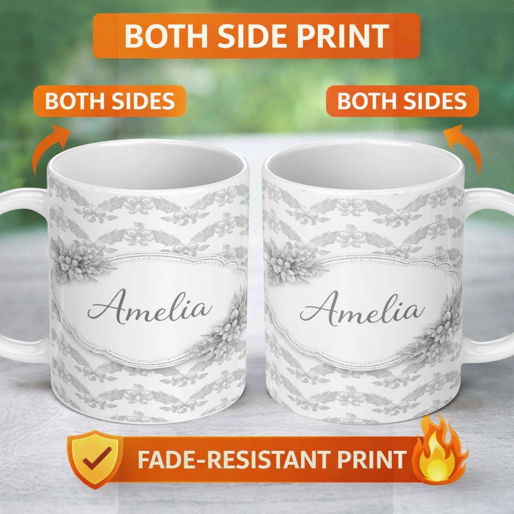 Personalized Custom Name Grey Ornamental Geometric Lace Pattern Elegant Seamless Design 11oz Ceramic Coffee Tea Mug White Large Handle