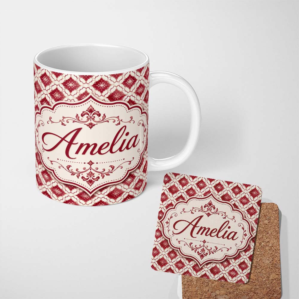 Personalized Custom Name Geometric Red Tile Moroccan Style Seamless Pattern Cute Unique Gift 11oz Ceramic Coffee Tea Mug White Large Handle