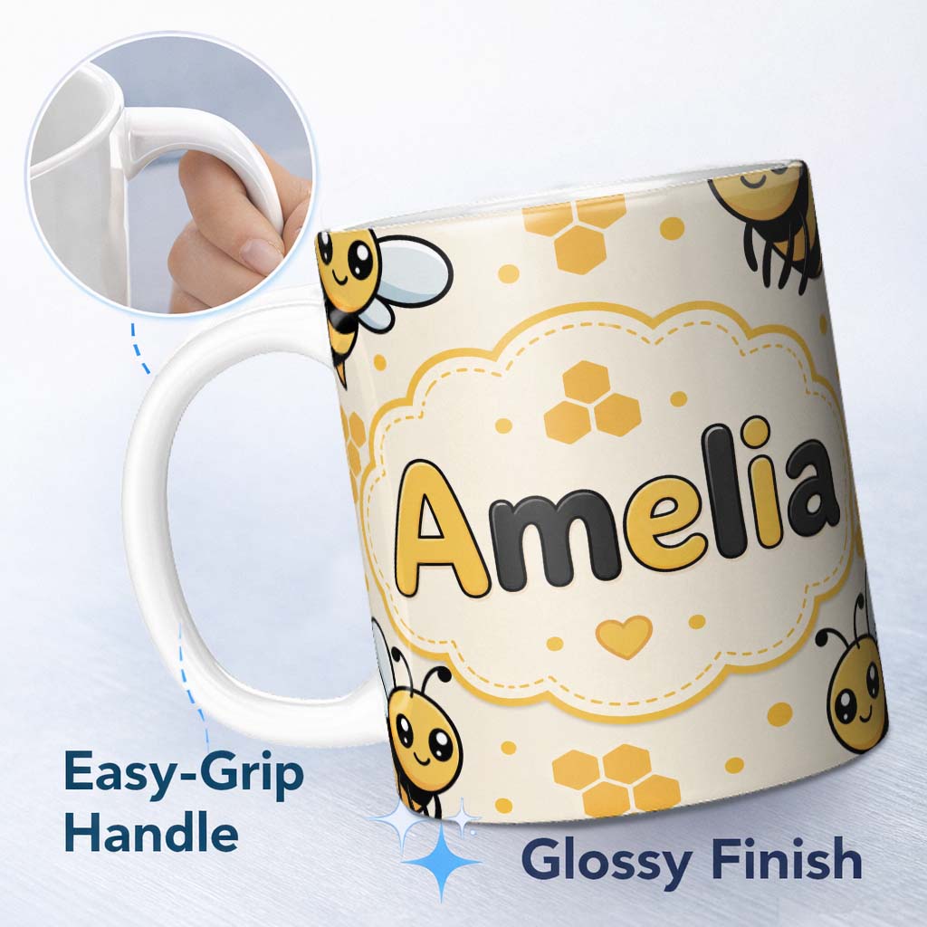 Personalized Custom Name Cute Kawaii Bees Honeycomb Sweet Nature Seamless Pattern Lovely 11oz Ceramic Coffee Tea Mug White Large Handle