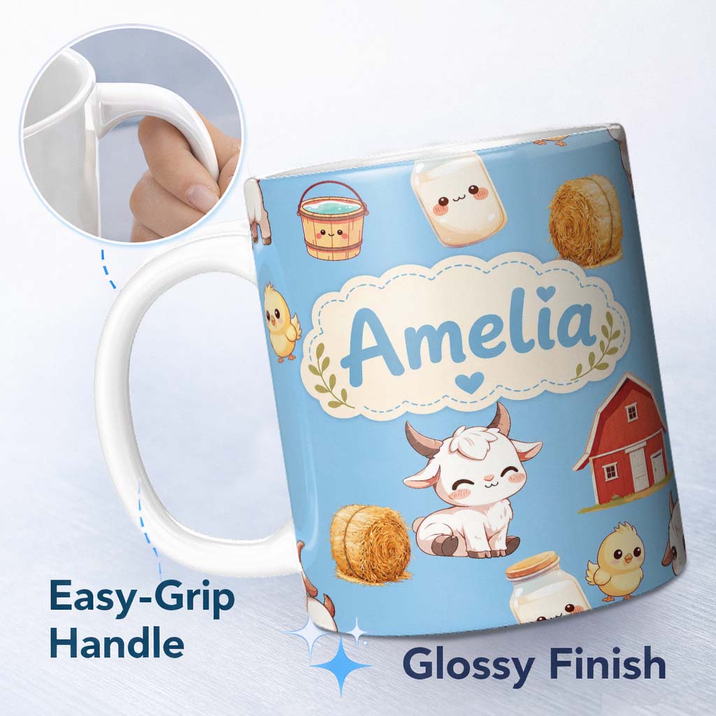 Personalized Custom Name Cute Farm Goat Barn Hay Bale Chick Sky Blue Background Seamless 11oz Ceramic Coffee Tea Mug White Large Handle