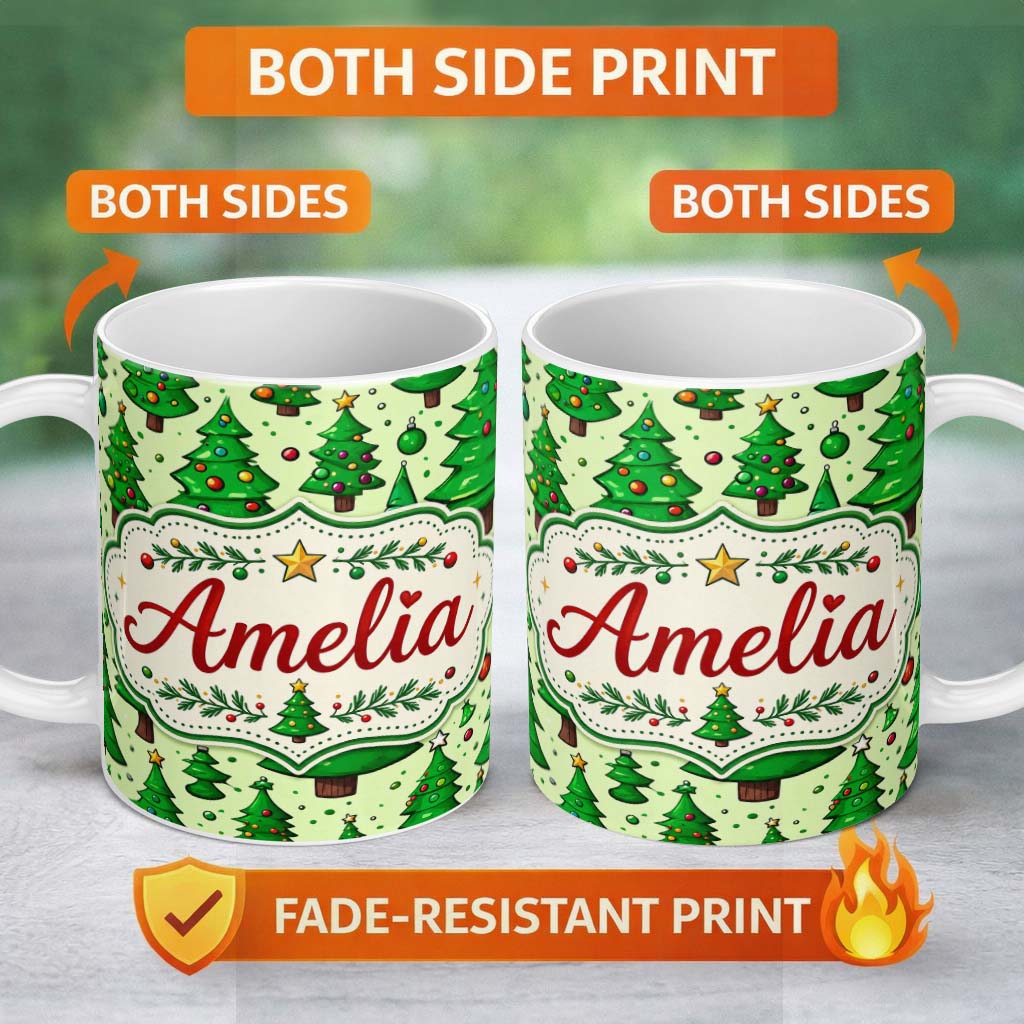 Personalized Custom Name Cartoon Style Christmas Trees with Ornaments and Stars Cute Seamless 11oz Ceramic Coffee Tea Mug White Large Handle