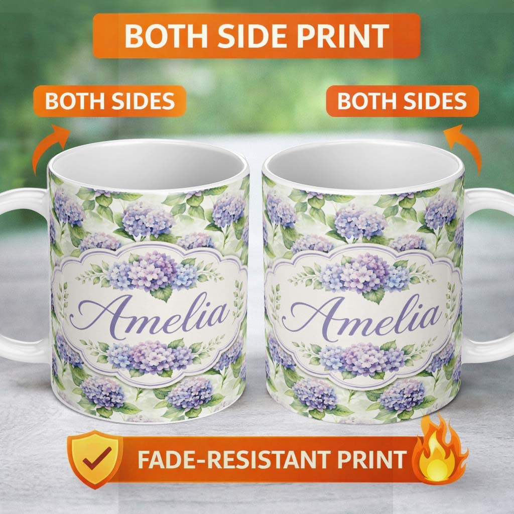 Personalized Custom Name Soft Purple Hydrangea Watercolor Floral Seamless Pattern Lovely 11oz Ceramic Coffee Tea Mug White Large Handle