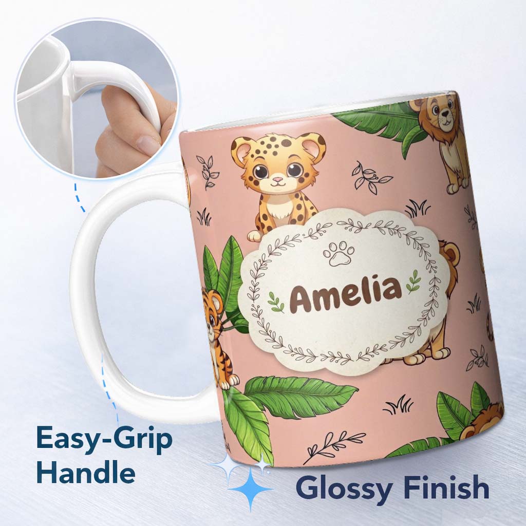 Personalized Custom Name Cute Jungle Animals Lion Tiger Leopard Tropical Leaves Seamless 11oz Ceramic Coffee Tea Mug White Large Handle