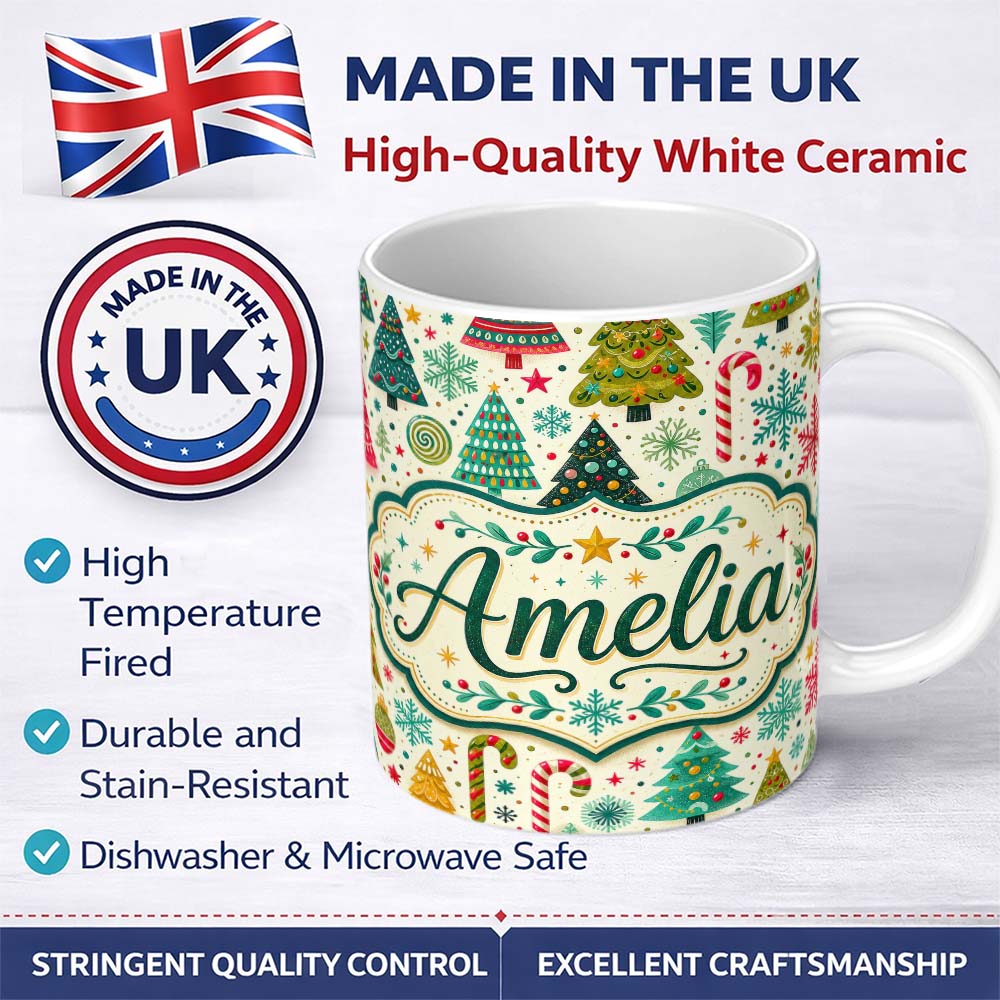 Personalized Custom Name Festive Christmas Trees Candy Canes Snowflakes Stars Baubles Holiday 11oz Ceramic Coffee Tea Mug White Large Handle