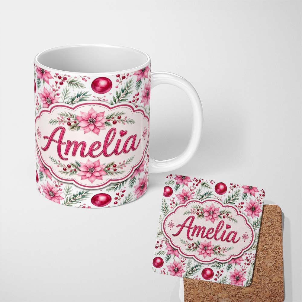Personalized Custom Name Watercolor Poinsettia Berry Pine Christmas Seamless Pattern Lovely 11oz Ceramic Coffee Tea Mug White Large Handle