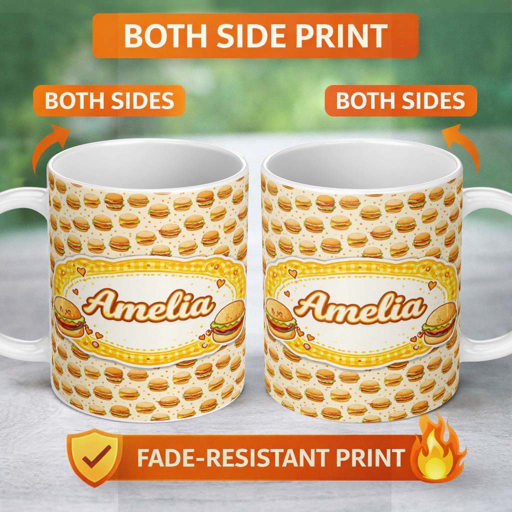 Personalized Custom Name Vintage Burger Seamless Pattern Mint Background Fast Food Design 11oz Ceramic Coffee Tea Mug White Large Handle
