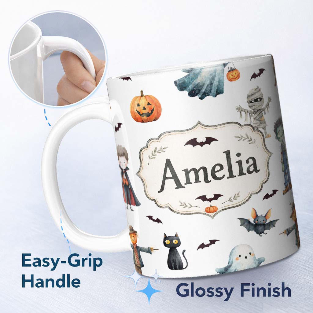 Personalized Custom Name Halloween Zombie Mummy Vampire Bat Spooky Light Grey Seamless 11oz Ceramic Coffee Tea Mug White Large Handle