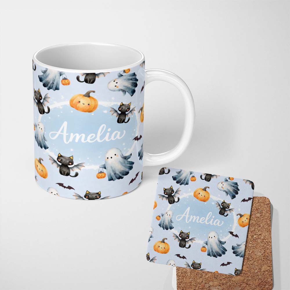 Personalized Custom Name Halloween Ghost Pumpkin Cat Seamless Pattern Cute Spooky Kawaii 11oz Ceramic Coffee Tea Mug White Large Handle