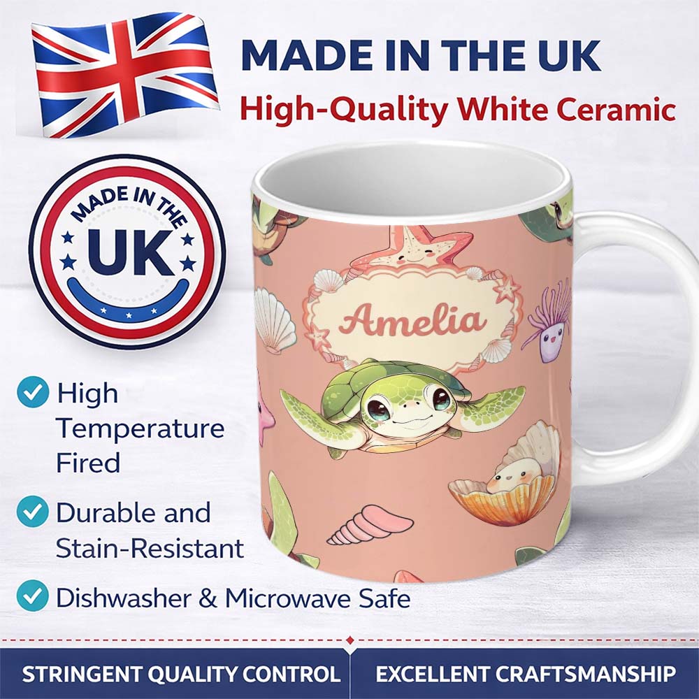 Personalized Custom Name Cute Sea Turtle Starfish Shell Kawaii Ocean Seamless Pattern Peach 11oz Ceramic Coffee Tea Mug White Large Handle