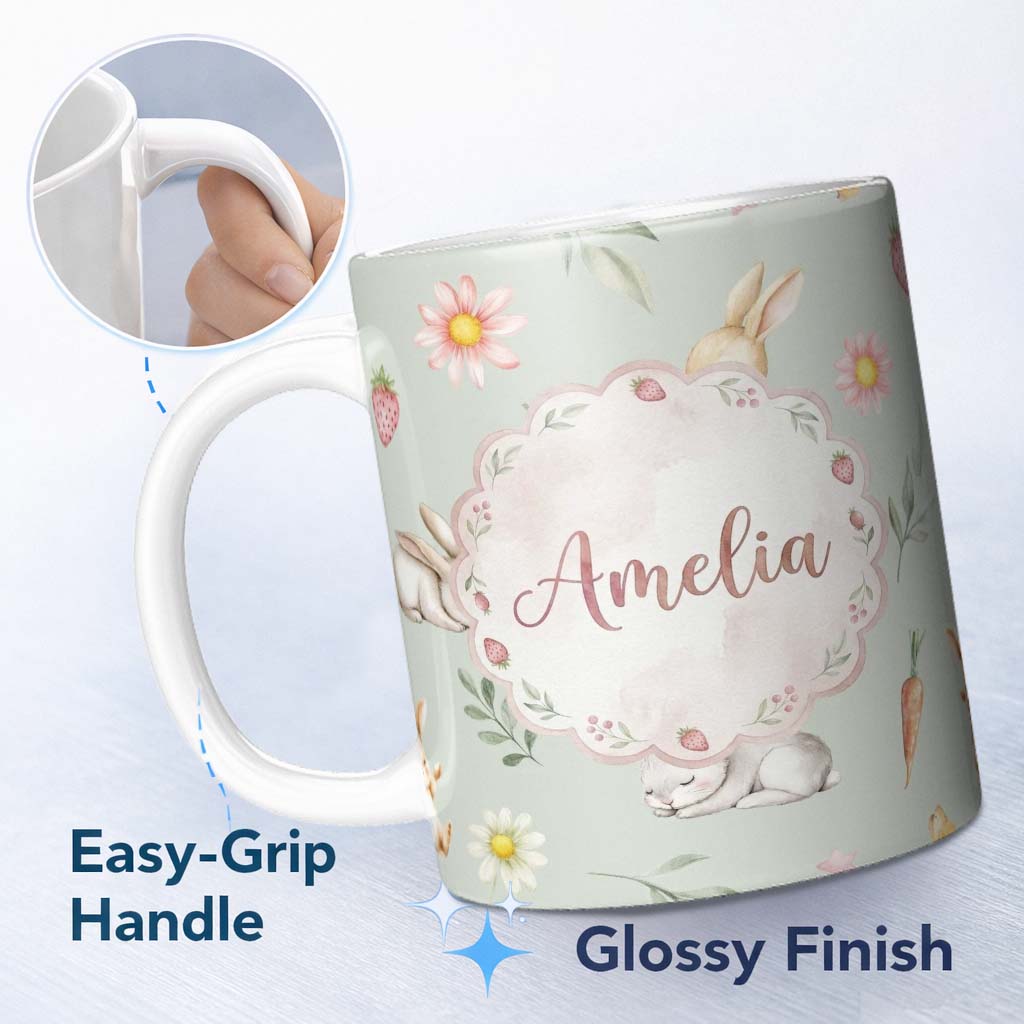 Personalized Custom Name Cute Easter Bunnies with Flowers Carrots Soft Sage Background 11oz Ceramic Coffee Tea Mug White Large Handle