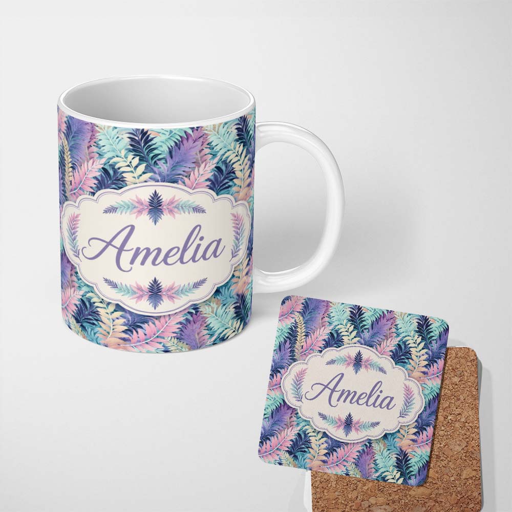 Personalized Custom Name Pastel Multicolour Tropical Leaves Seamless Pattern Cute Unique Gift 11oz Ceramic Coffee Tea Mug White Large Handle