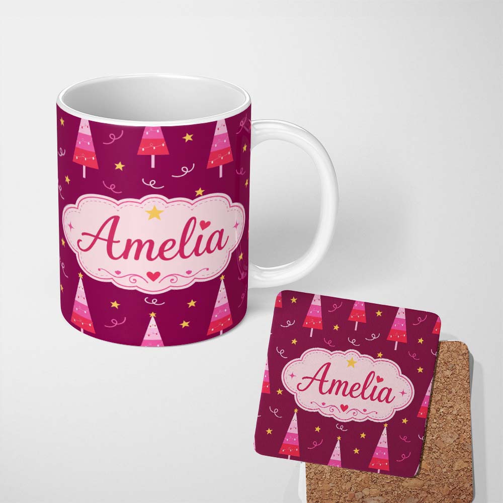 Personalized Custom Name Pink Christmas Trees Stars Lights Festive Seamless Pattern Lovely 11oz Ceramic Coffee Tea Mug White Large Handle