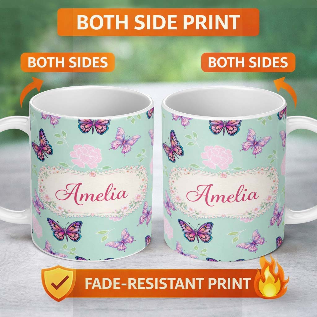 Personalized Custom Name Pink Purple Butterfly Floral Teal Background Seamless Pattern Lovely 11oz Ceramic Coffee Tea Mug White Large Handle