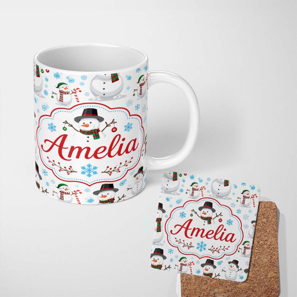 Personalized Custom Name Cute Snowman Winter Scarf Hat Snowflakes Seamless Pattern Lovely 11oz Ceramic Coffee Tea Mug White Large Handle