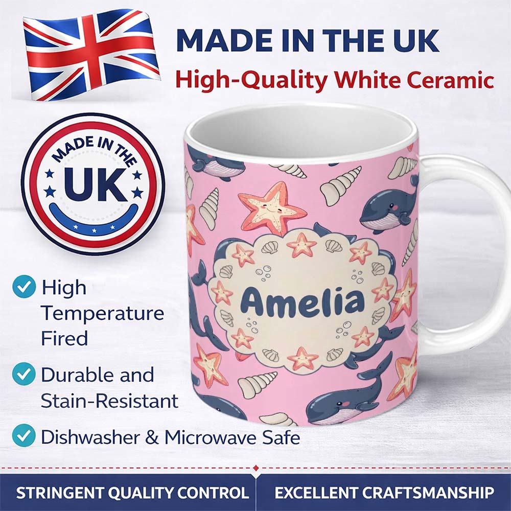 Personalized Custom Name Cute Kawaii Whale Starfish Seashell Ocean Animals Rose Background 11oz Ceramic Coffee Tea Mug White Large Handle