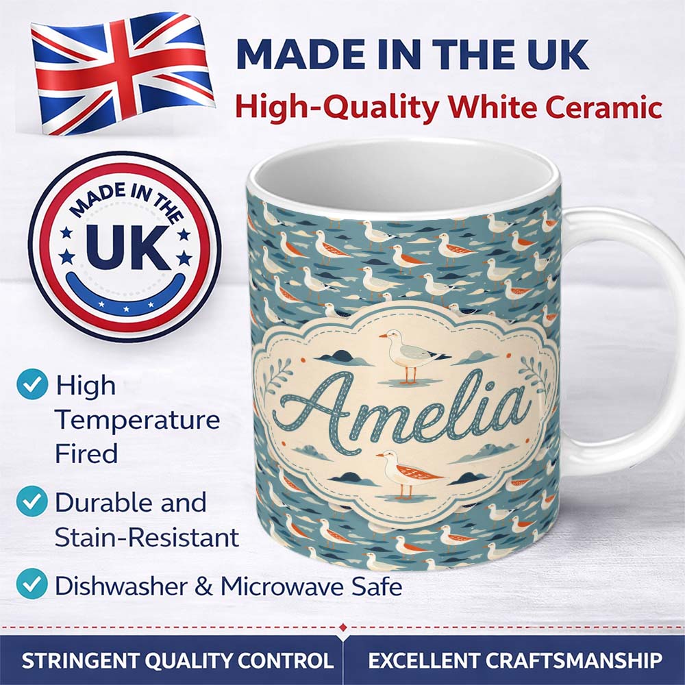 Personalized Custom Name Stylized Seagulls with Abstract Ocean Shapes Seamless Pattern Lovely 11oz Ceramic Coffee Tea Mug White Large Handle