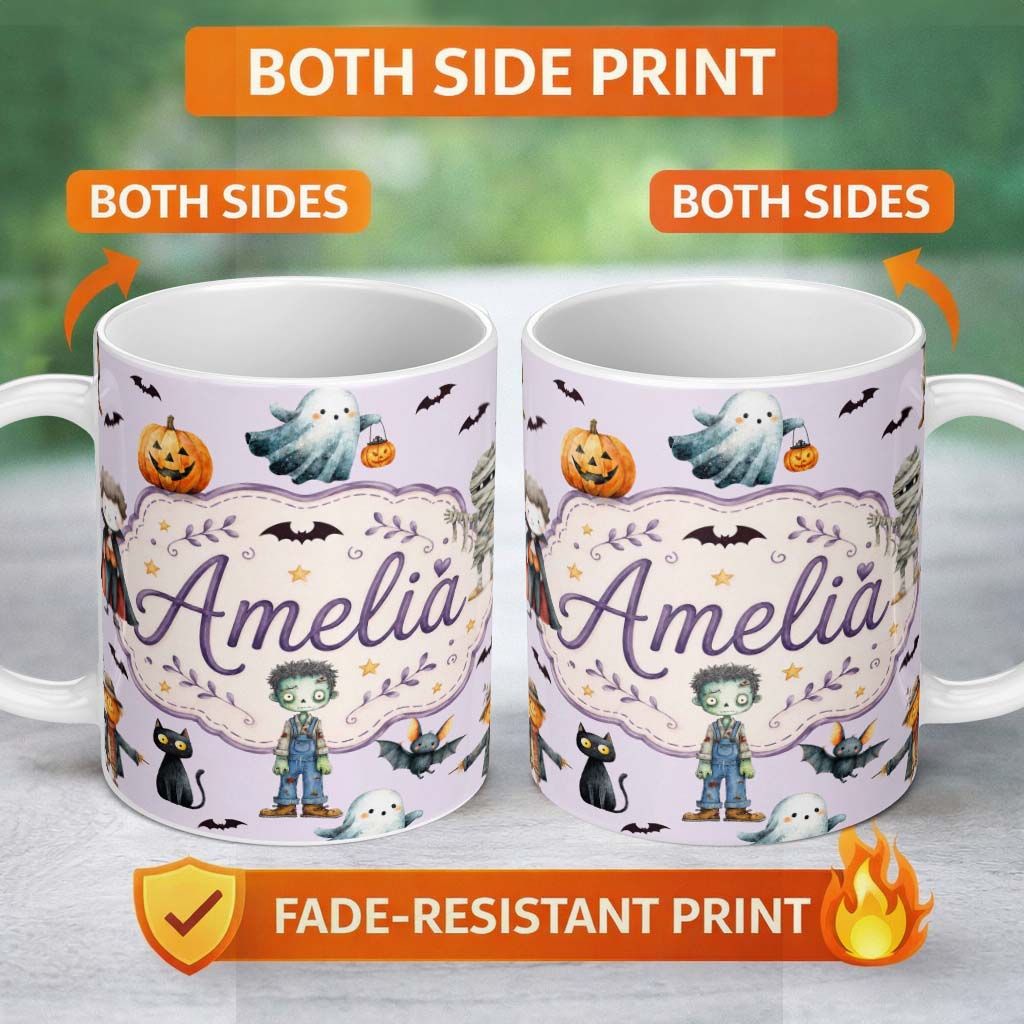 Personalized Custom Name Halloween Zombie Mummy Vampire Bat Spooky Lilac Seamless Pattern 11oz Ceramic Coffee Tea Mug White Large Handle
