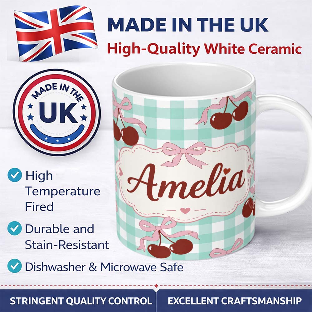 Personalized Custom Name Cherry Bow Ribbon Cute Mint Gingham Picnic Check Seamless Pattern 11oz Ceramic Coffee Tea Mug White Large Handle