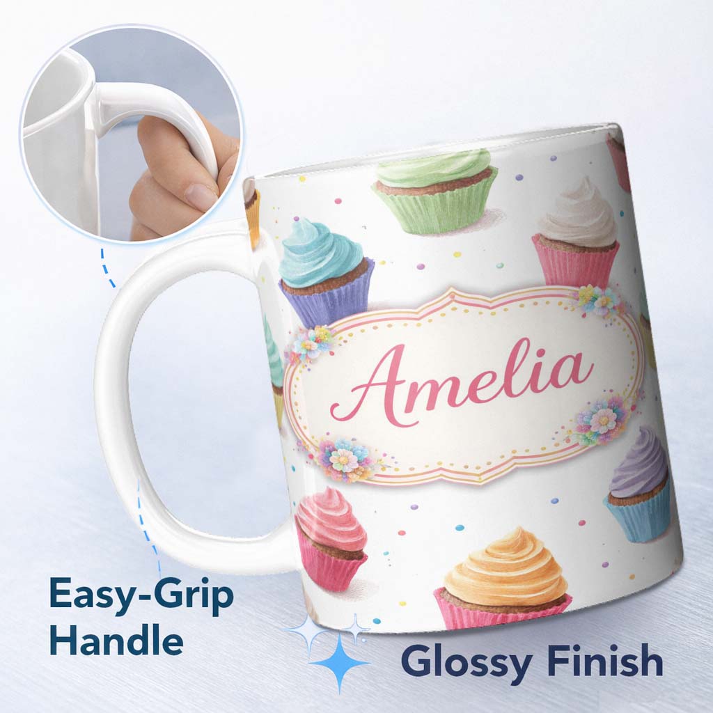 Personalized Custom Name Hand Drawn Cupcake Seamless Pattern Pastel Dessert Illustration 11oz Ceramic Coffee Tea Mug White Large Handle
